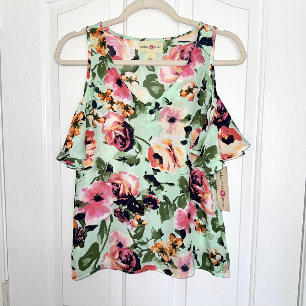 Wishful Park Cold Shoulder Floral Ruffled Blouse Mint Green Pink Orange